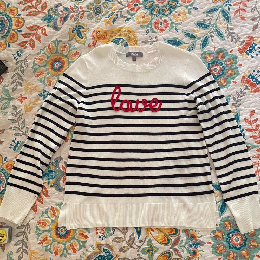 Talbots White and Black Striped Sweater with Red Love Detail